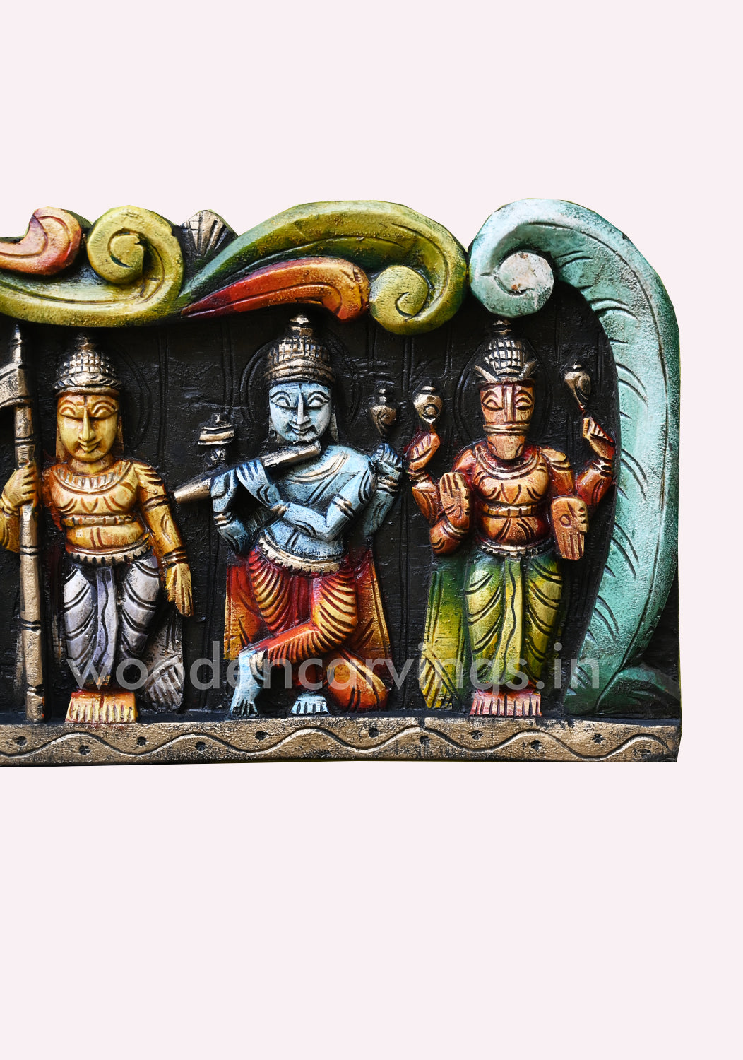 Detaily Handmade Horizontal Wooden Multicoloured Maha Vishnu Horizontal Hooks Fixed Wall Panel 48"