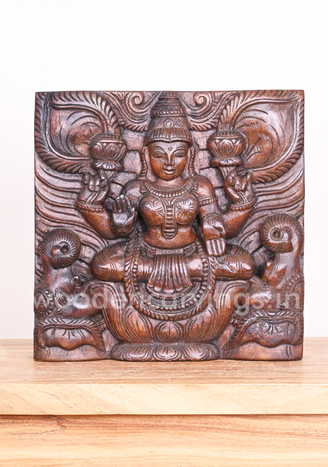 Square Light Weight Goddess GajaLakshmi on Lotus Wall Decor Wooden Hooks Fixed Wall Mount 12"