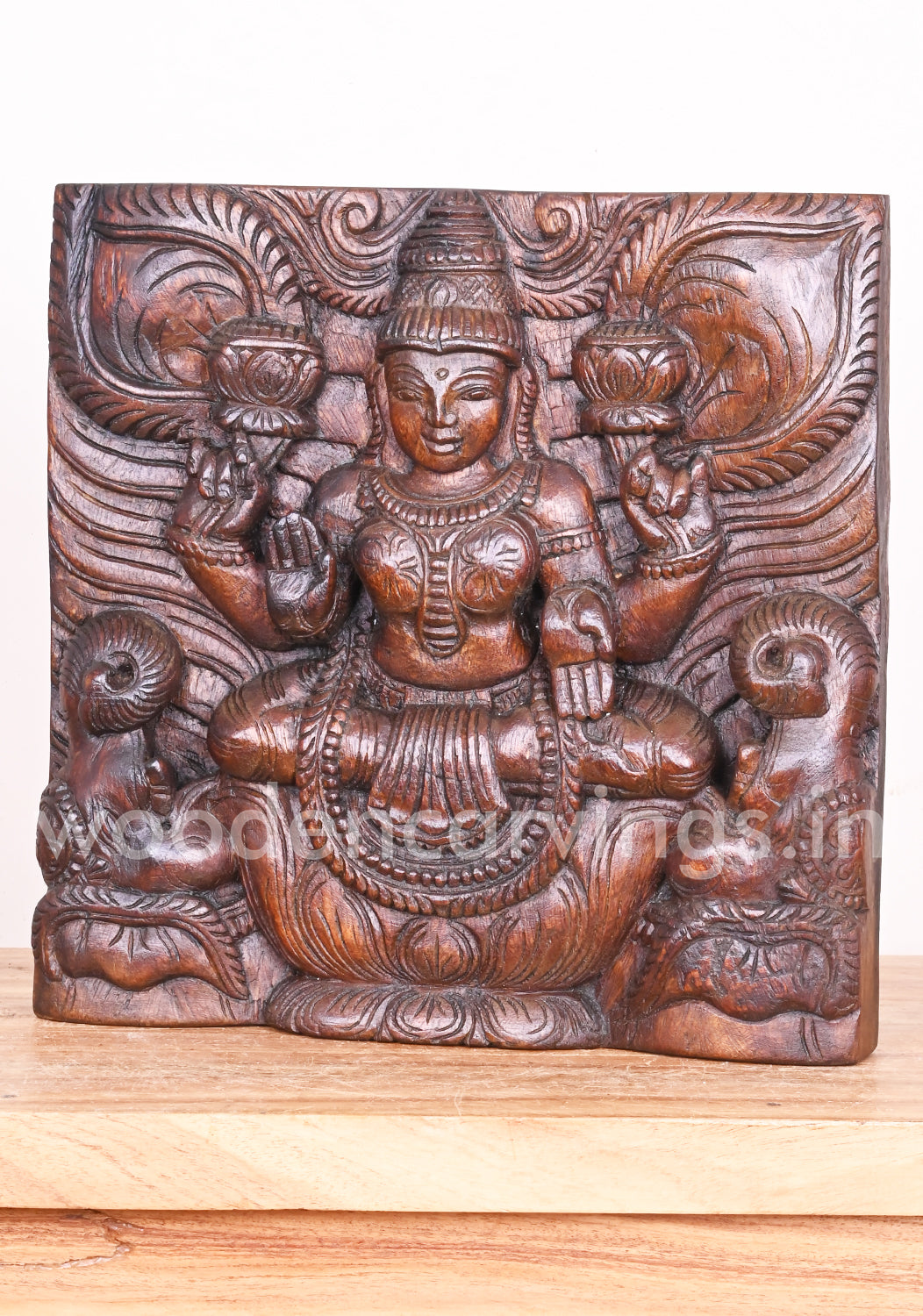 GajaLakshmi on Lotus Wall  Wooden wall Mount 12"