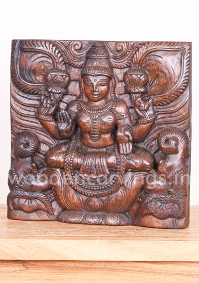 Square Light Weight Goddess GajaLakshmi on Lotus Wall Decor Wooden Hooks Fixed Wall Mount 12"