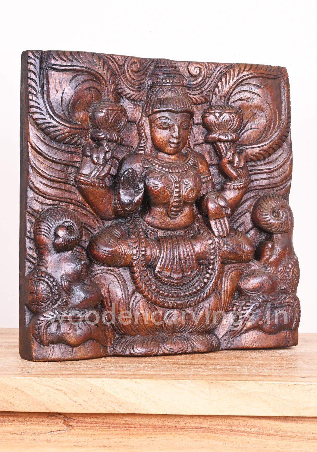 GajaLakshmi on Lotus Wall  Wooden wall Mount 12"