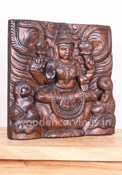 Square Light Weight Goddess GajaLakshmi on Lotus Wall Decor Wooden Hooks Fixed Wall Mount 12"