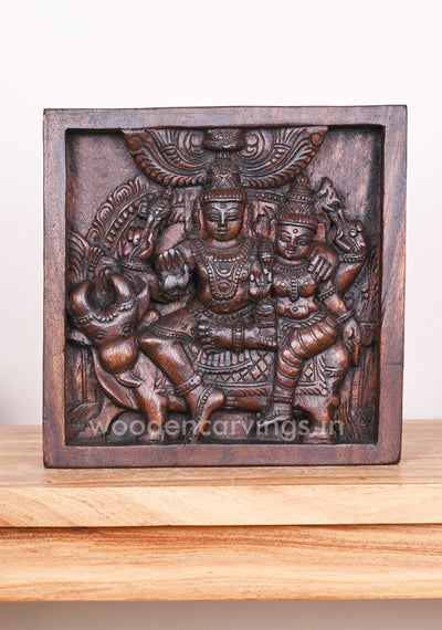 Lord Mahadev with His Consort Devi Parvathi Seated on Wooden Cow Entrance Decor Wall Mount 12"