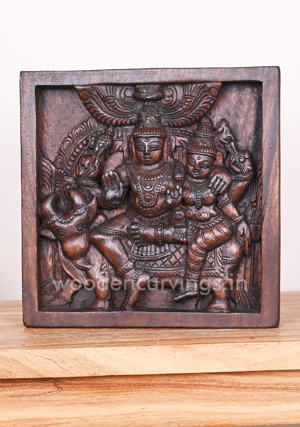 Lord Mahadev with His Consort Devi Parvathi Seated on Wooden Cow Entrance Decor Wall Mount 12"