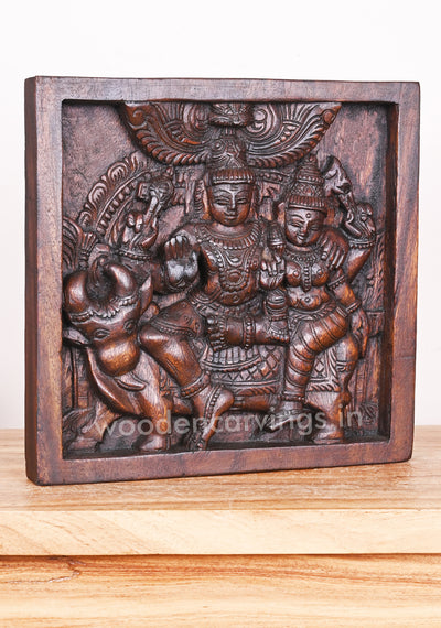 Lord Mahadev with His Consort Devi Parvathi Seated on Wooden Cow Entrance Decor Wall Mount 12"