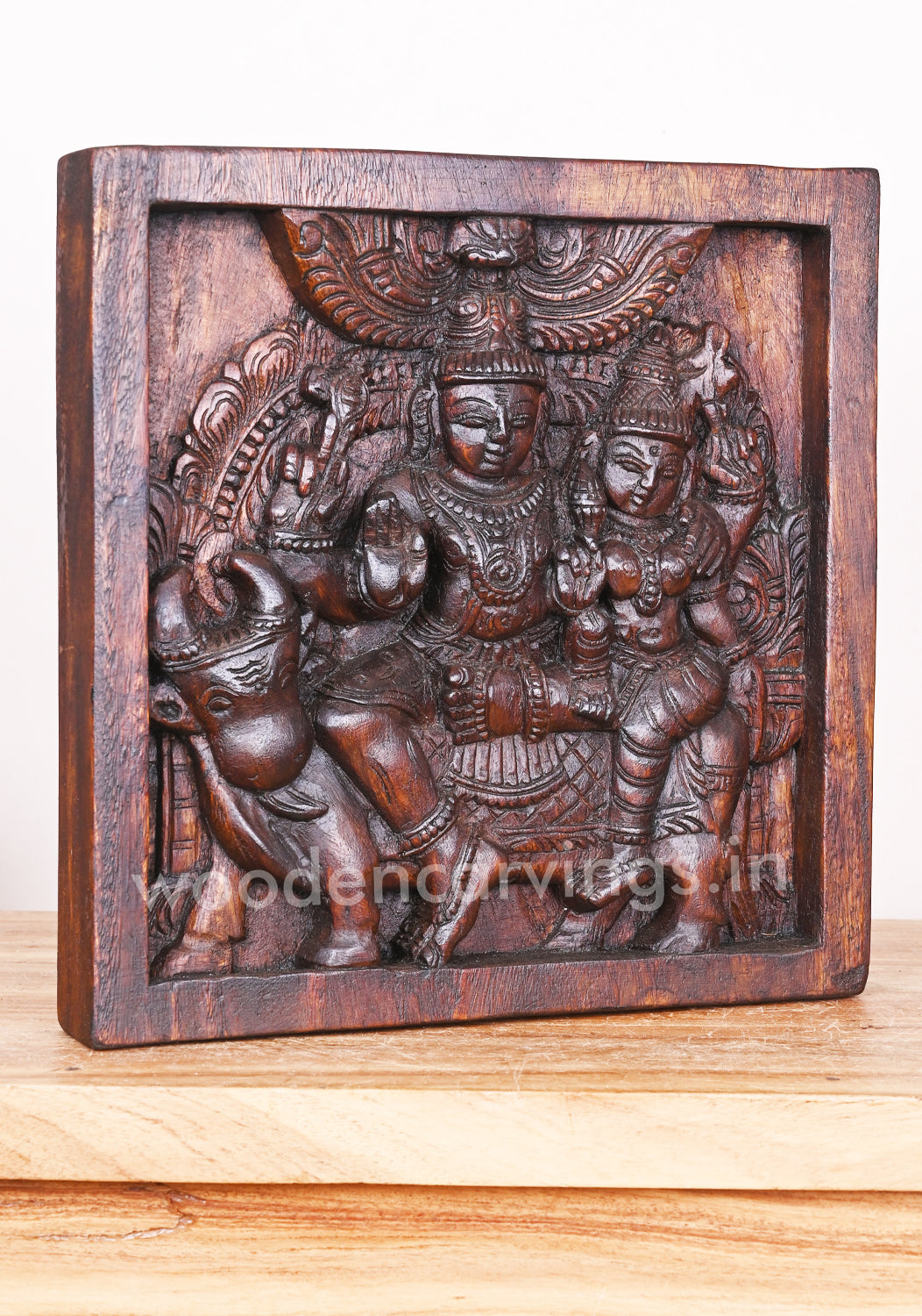 Hooks Fixed Light Weight Mahadev With Devi Parvathi on Cow Wax Brown Wooden Wall Mount 12"