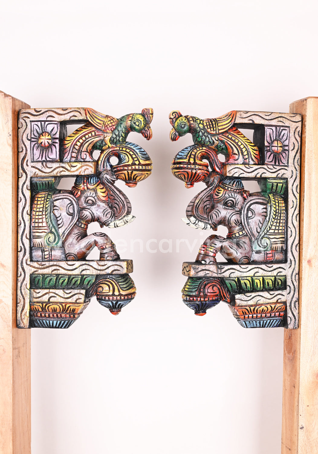 Paired Colourful Upraised Grey Elephants With Green Parrots Wooden Wall Brackets 15 inches
