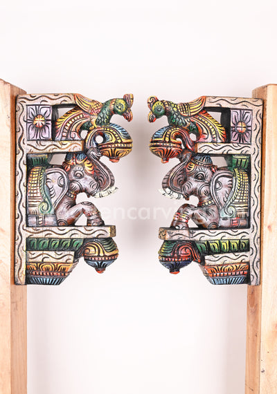 Paired Colourful Upraised Grey Elephants With Green Parrots Door Decor Wooden Wall Brackets 15"