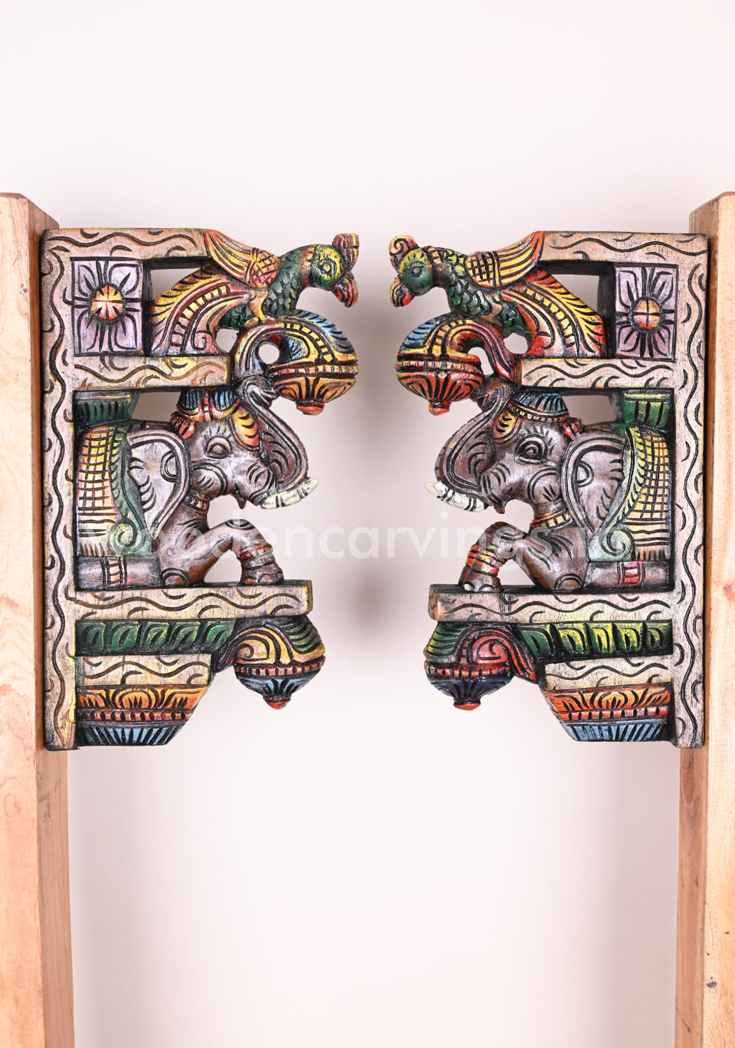 Paired Colourful Upraised Grey Elephants With Green Parrots Wooden Wall Brackets