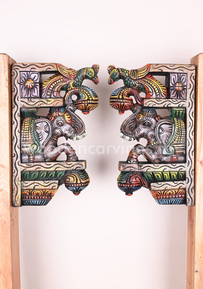 Paired Colourful Upraised Grey Elephants With Green Parrots Door Decor Wooden Wall Brackets 15"