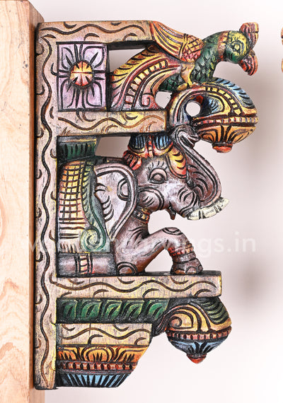 Paired Colourful Upraised Grey Elephants With Green Parrots Door Decor Wooden Wall Brackets 15"
