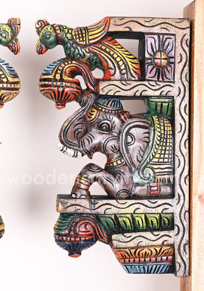 Paired Colourful Upraised Grey Elephants With Green Parrots Door Decor Wooden Wall Brackets 15"
