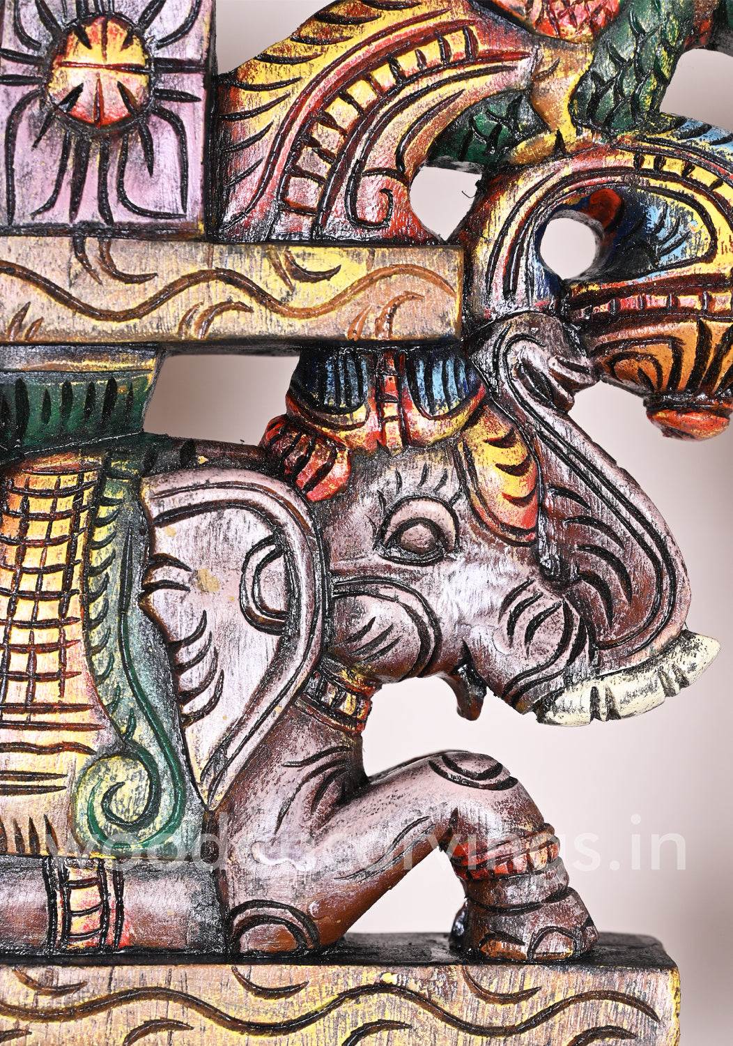 Paired Colourful Upraised Grey Elephants With Green Parrots Door Decor Wooden Wall Brackets 15"