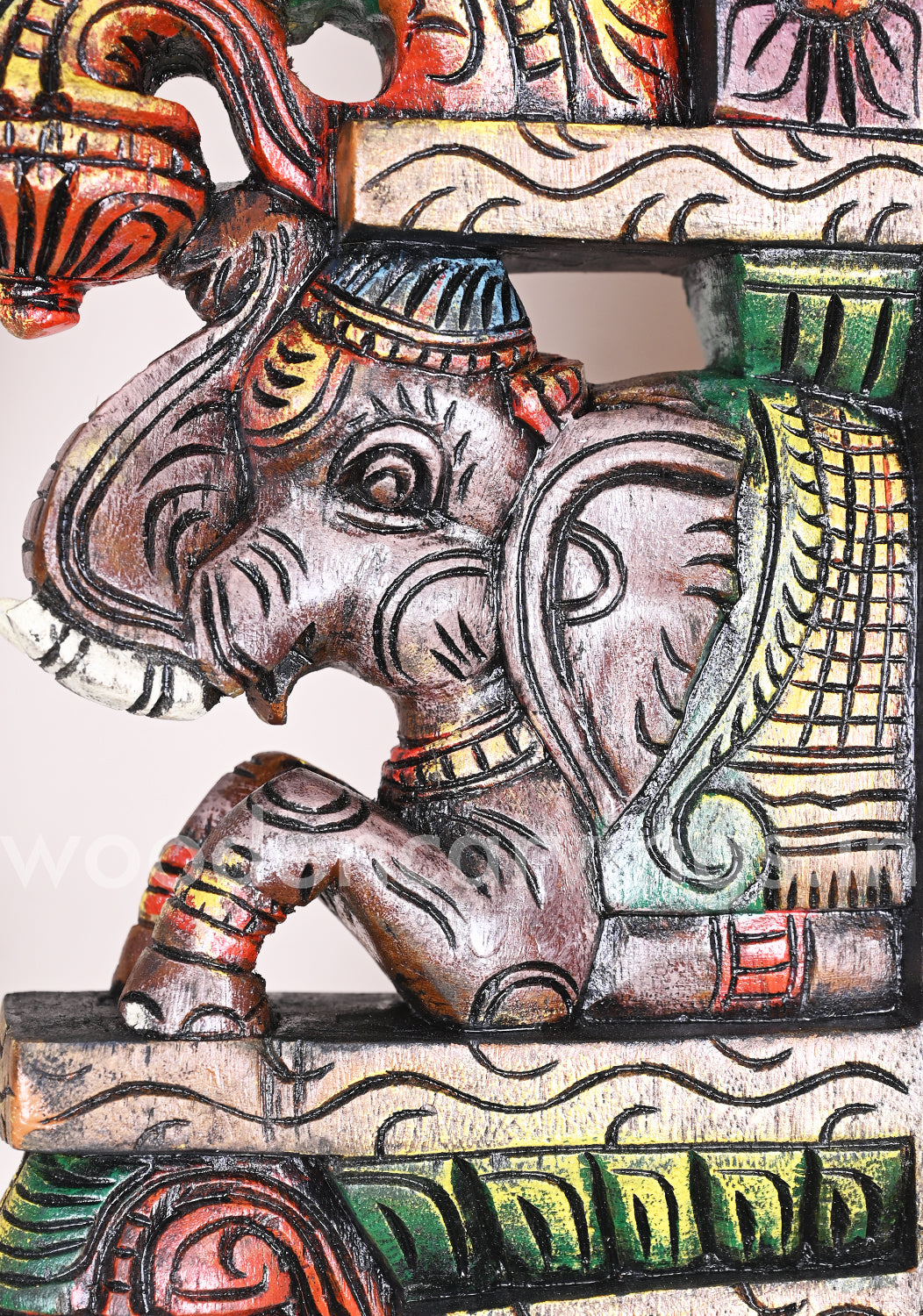 Paired Colourful Upraised Grey Elephants With Green Parrots Door Decor Wooden Wall Brackets 15"