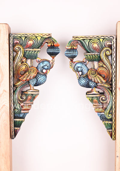 Blue Beautiful Hamsa (Annapakshi) Paired Wooden Wall Hanging Hooks Fixed Wooden Wall Brackets 18"