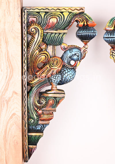 Blue Beautiful Hamsa (Annapakshi) Paired Wooden Wall Hanging Hooks Fixed Wooden Wall Brackets 18"