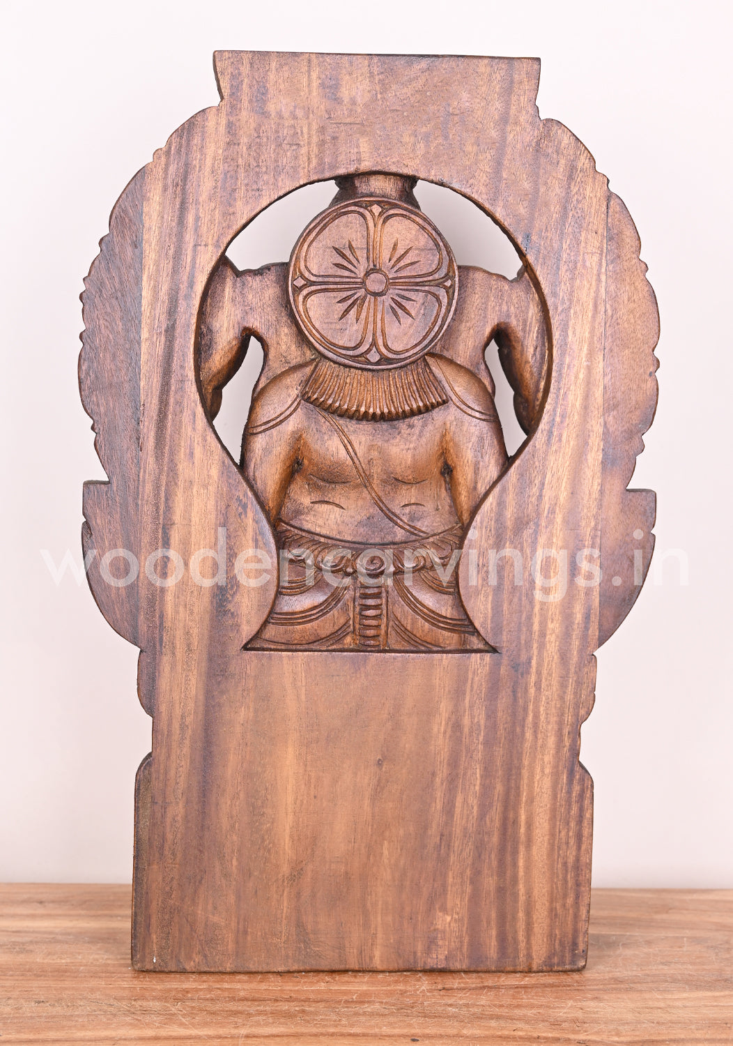 Arch Left Trunk Ganesha Blessing People in Mudra Abhaya on Lotus Wax Brown Wooden Sculpture 24"