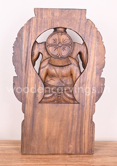 Arch Left Trunk Ganesha Blessing People in Mudra Abhaya on Lotus Wax Brown Wooden Sculpture 24"