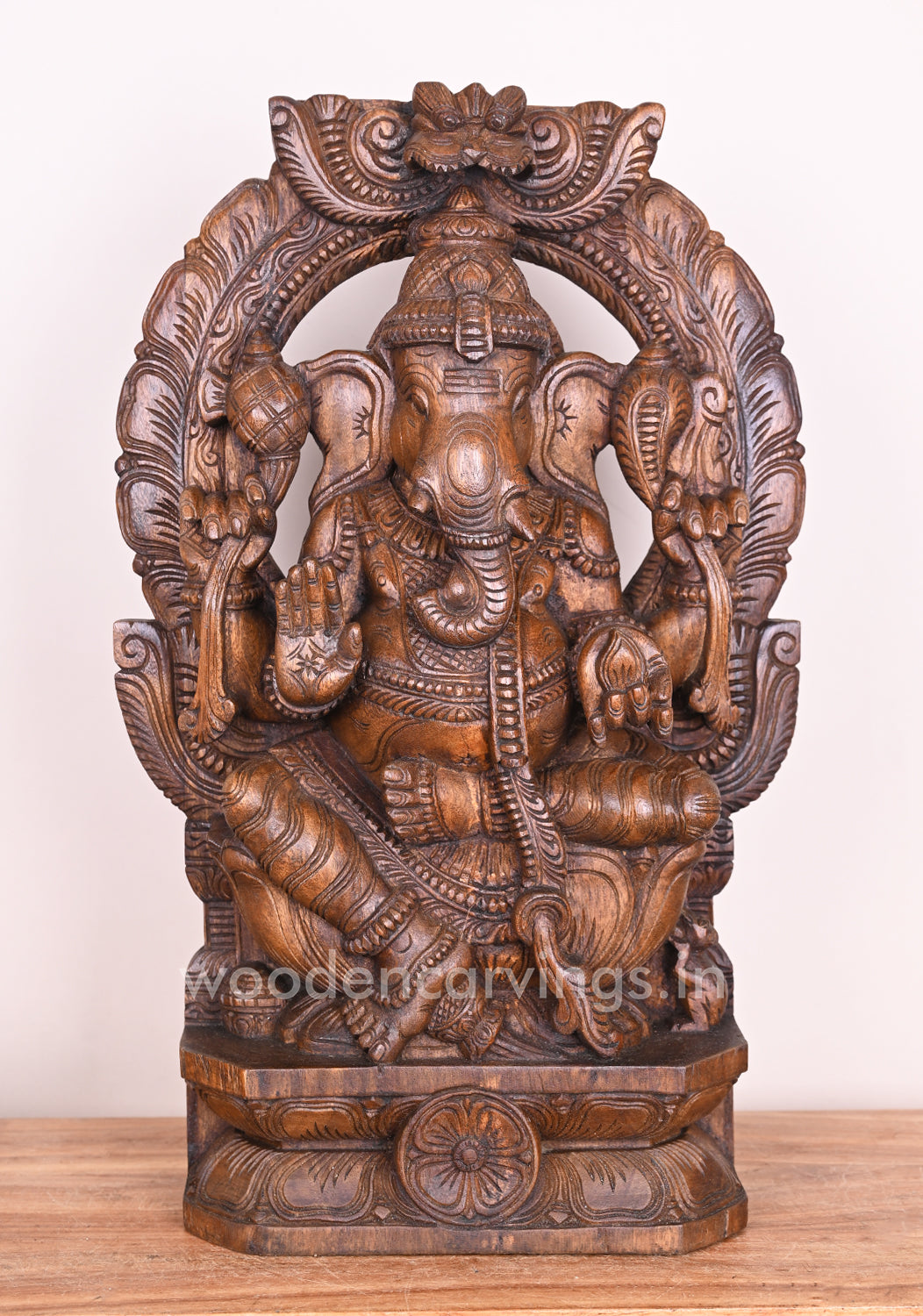 Arch Left Trunk Ganesha Blessing People in Mudra Abhaya on Lotus Wax Brown Wooden Sculpture 24"