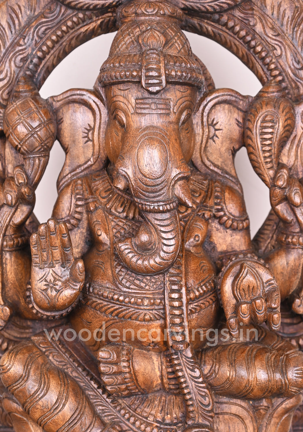 Arch Left Trunk Ganesha Blessing People in Mudra Abhaya on Lotus Wax Brown Wooden Sculpture 24"