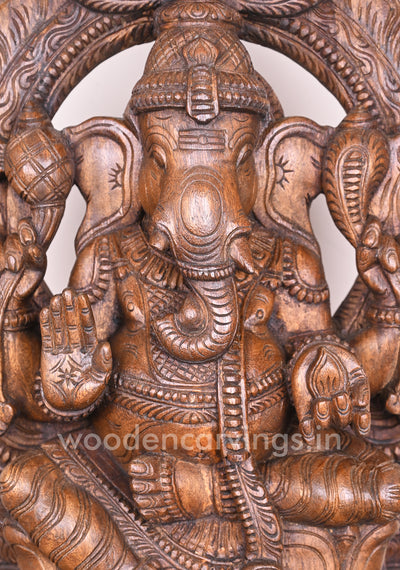 Arch Left Trunk Ganesha Blessing People in Mudra Abhaya on Lotus Wax Brown Wooden Sculpture 24"