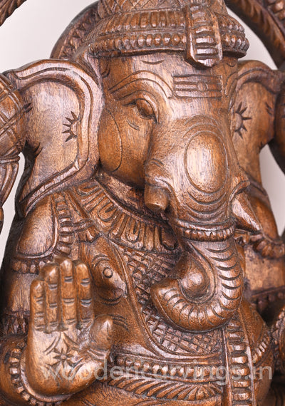 Arch Left Trunk Ganesha Blessing People in Mudra Abhaya on Lotus Wax Brown Wooden Sculpture 24"