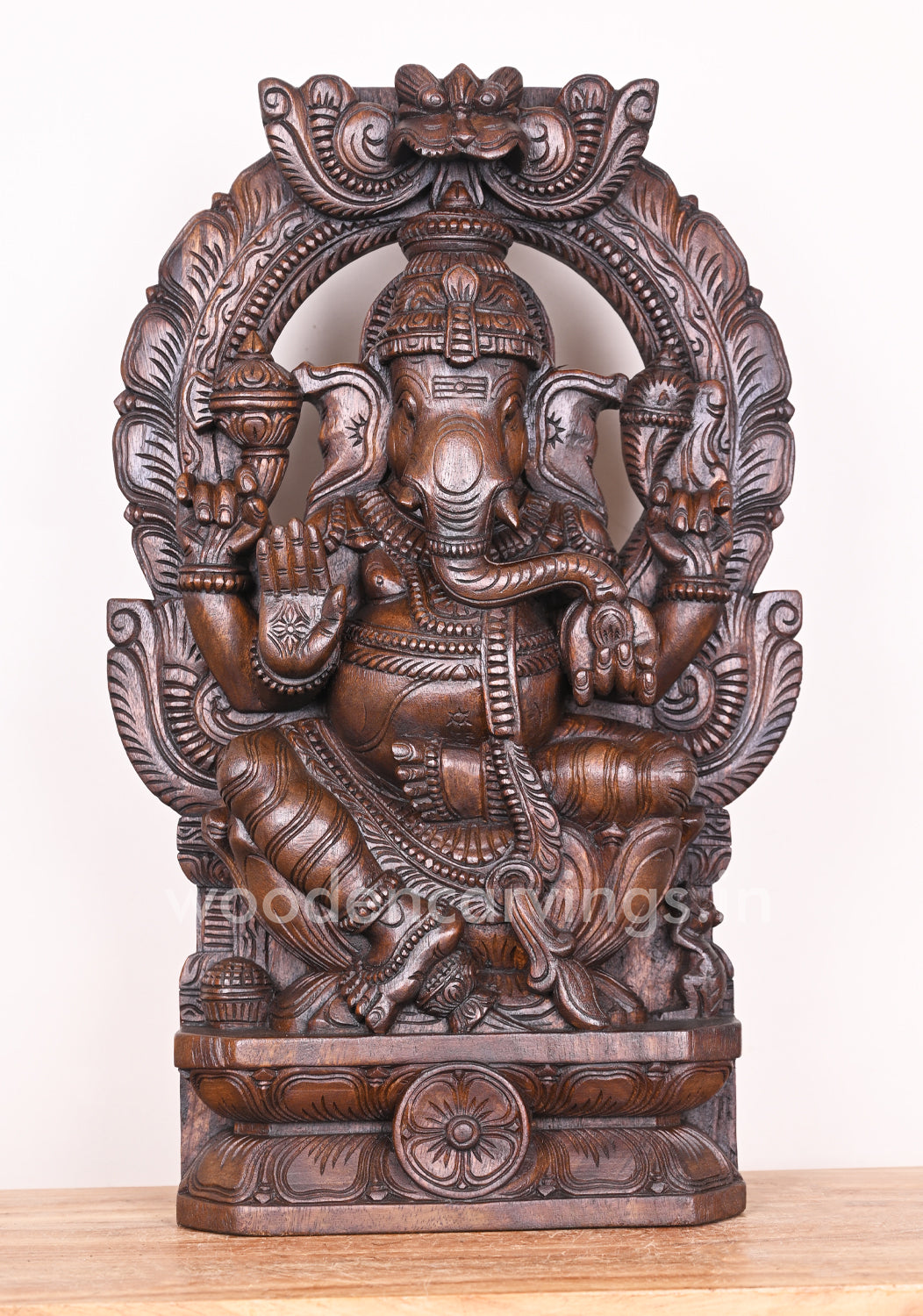 Detaily Handmade Special Work of Arch Ganapathi Eating Mango on Lotus Showpiece Sculpture 24"