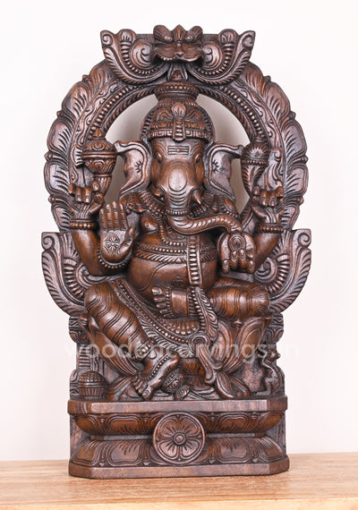 Detaily Handmade Special Work of Arch Ganapathi Eating Mango on Lotus Showpiece Sculpture 24"