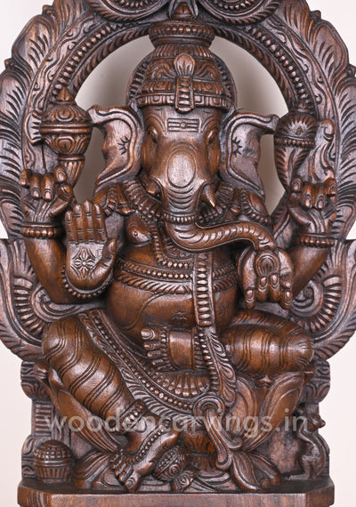 Detaily Handmade Special Work of Arch Ganapathi Eating Mango on Lotus Showpiece Sculpture 24"