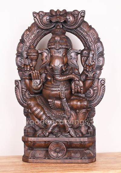 Detaily Handmade Special Work of Arch Ganapathi Eating Mango on Lotus Showpiece Sculpture 24"