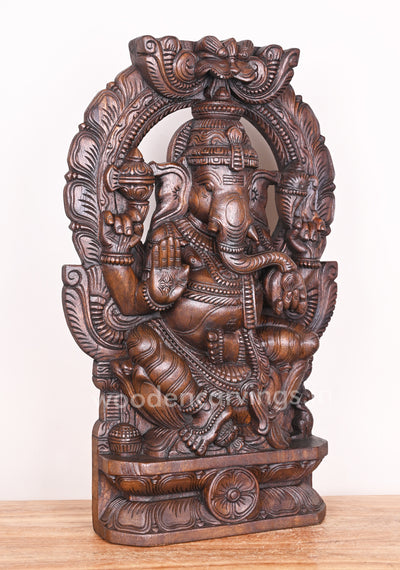 Detaily Handmade Special Work of Arch Ganapathi Eating Mango on Lotus Showpiece Sculpture 24"