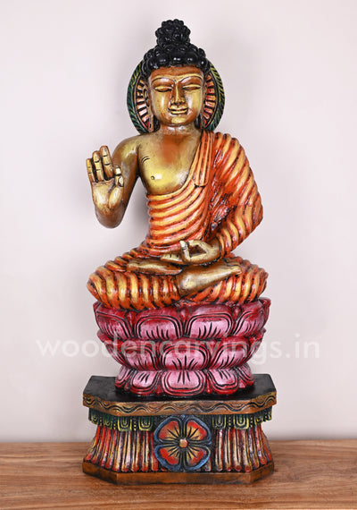 Colourful Lord Buddha Calmly Seated on Double Petal Lotus With Vitarka Mudra Showpiece Sculpture 37"