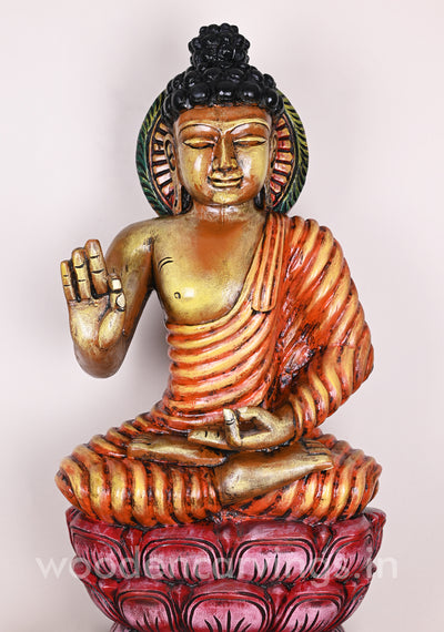 Colourful Lord Buddha Calmly Seated on Double Petal Lotus With Vitarka Mudra Showpiece Sculpture 37"