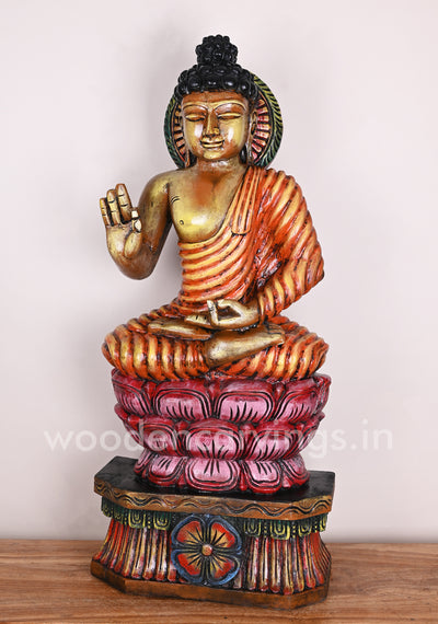 Colourful Lord Buddha Calmly Seated on Double Petal Lotus With Vitarka Mudra Showpiece Sculpture 37"