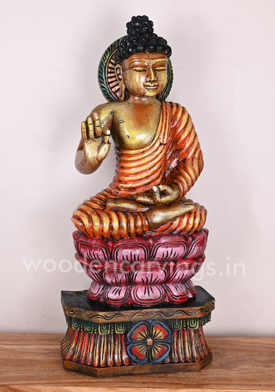 Colourful Lord Buddha Calmly Seated on Double Petal Lotus With Vitarka Mudra Showpiece Sculpture 37"