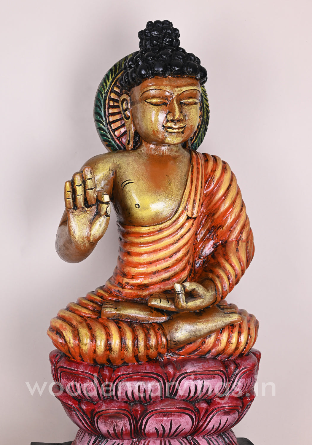 Colourful Lord Buddha Calmly Seated on Double Petal Lotus With Vitarka Mudra Showpiece Sculpture 37"