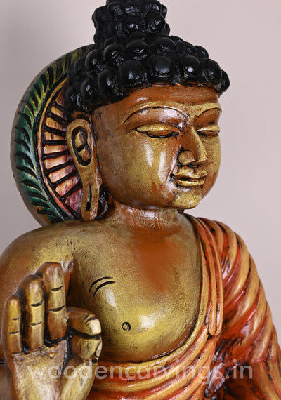 Colourful Lord Buddha Calmly Seated on Double Petal Lotus With Vitarka Mudra Showpiece Sculpture 37"