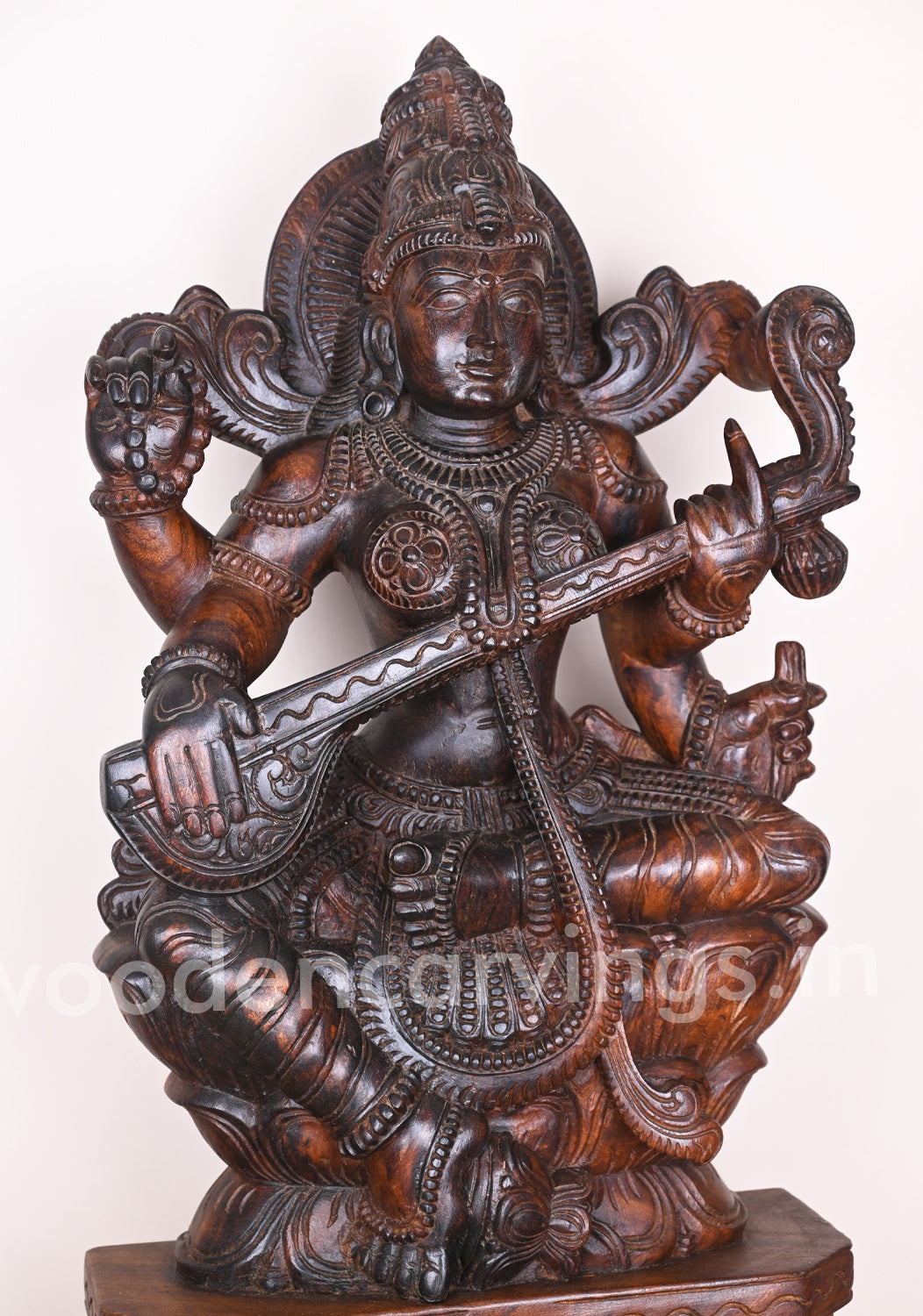 Wooden Beautiful Goddess Saraswathi Holding Veena in Her Hand Beautiful Handmade Wooden Sculpture 36"