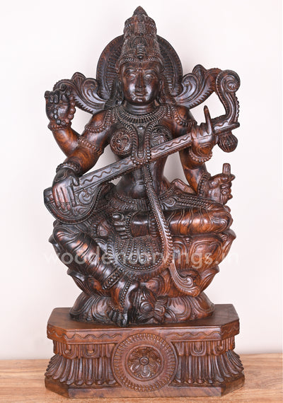 Wooden Beautiful Goddess Saraswathi Holding Veena in Her Hand Beautiful Handmade Wooden Sculpture 36"