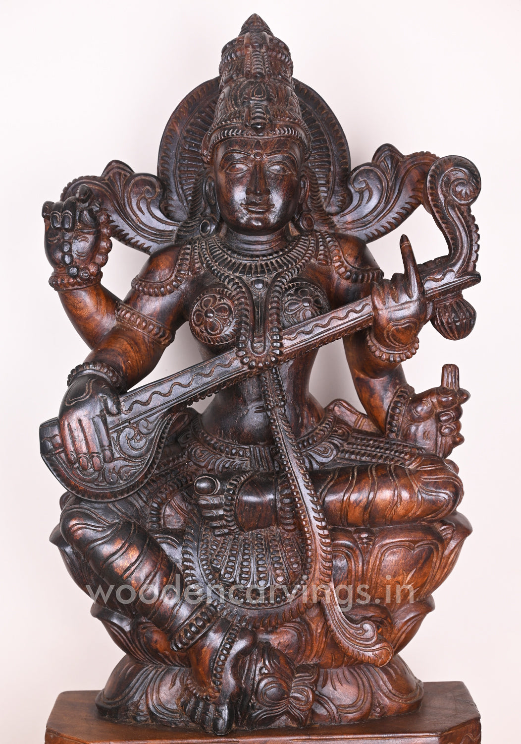 Wooden Beautiful Goddess Saraswathi Holding Veena in Her Hand Beautiful Handmade Wooden Sculpture 36"