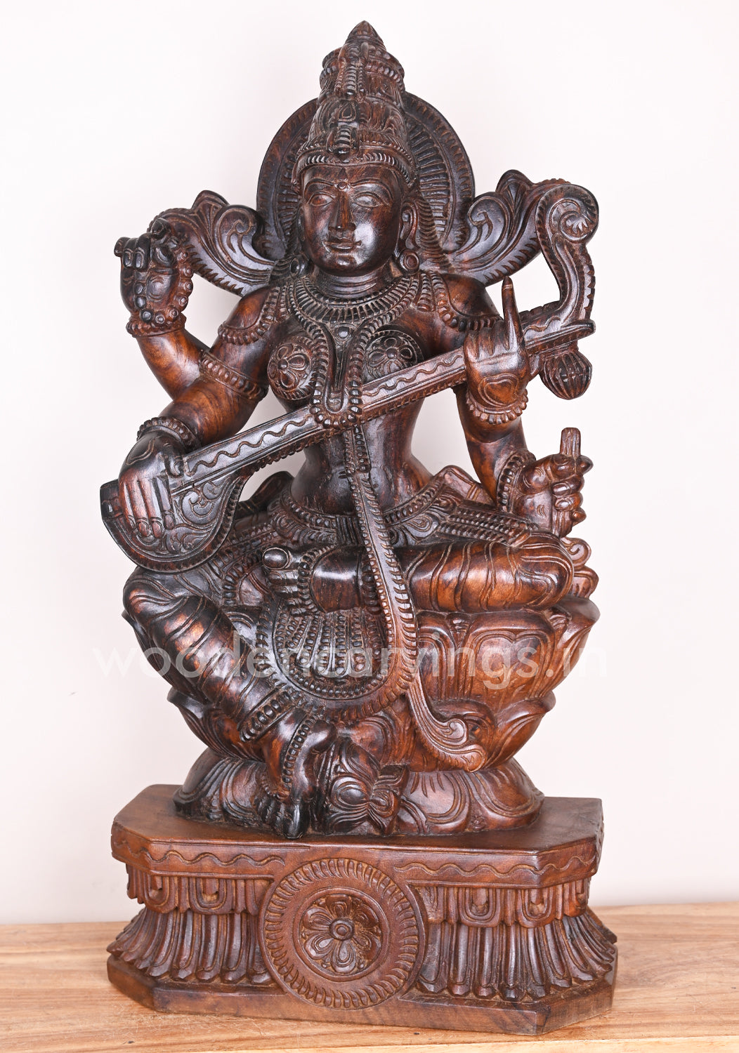 Wooden Beautiful Goddess Saraswathi Holding Veena in Her Hand Beautiful Handmade Wooden Sculpture 36"