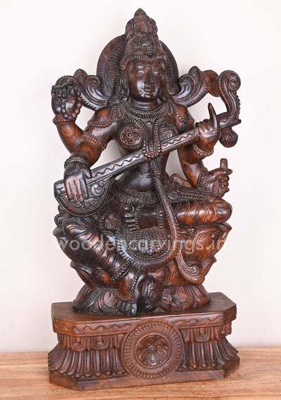 Wooden Beautiful Goddess Saraswathi Holding Veena in Her Hand Beautiful Handmade Wooden Sculpture 36"