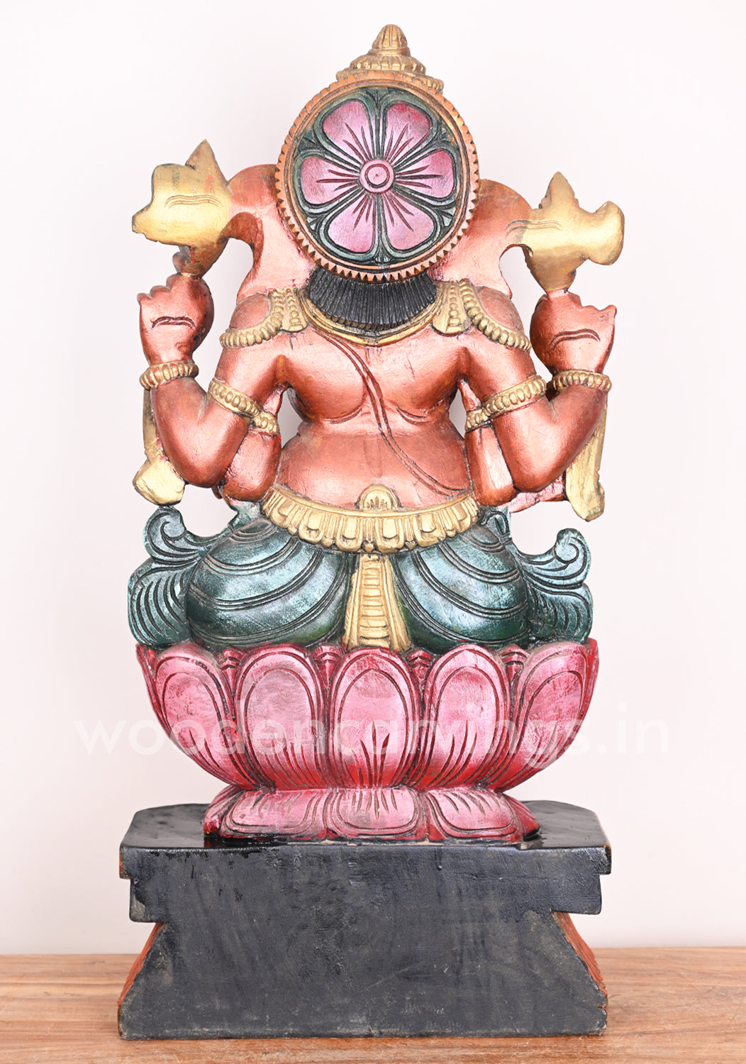 Wooden Rare Rustic Colour Lord Ganesha on Petal Lotus Showpiece Multicoloured Sculpture 31"