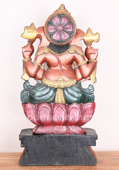 Wooden Rare Rustic Colour Lord Ganesha on Petal Lotus Showpiece Multicoloured Sculpture 31"