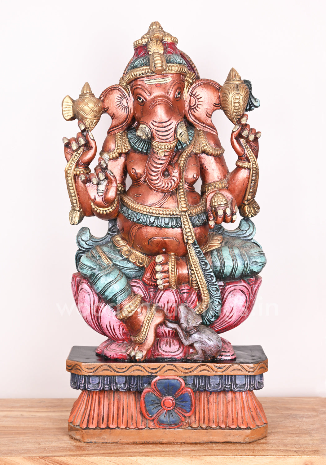 Wooden Rare Rustic Colour Lord Ganesha on Petal Lotus Showpiece Multicoloured Sculpture 31"