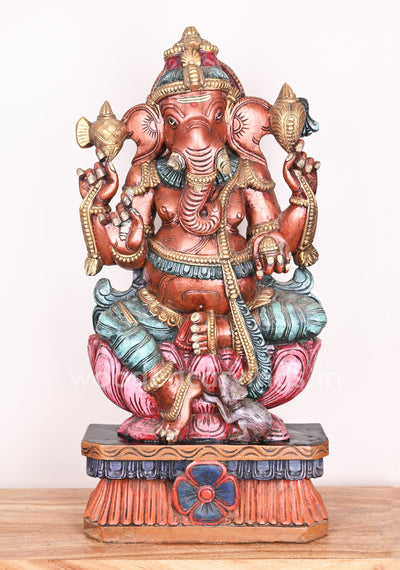 Wooden Rare Rustic Colour Lord Ganesha on Petal Lotus Showpiece Multicoloured Sculpture 31"