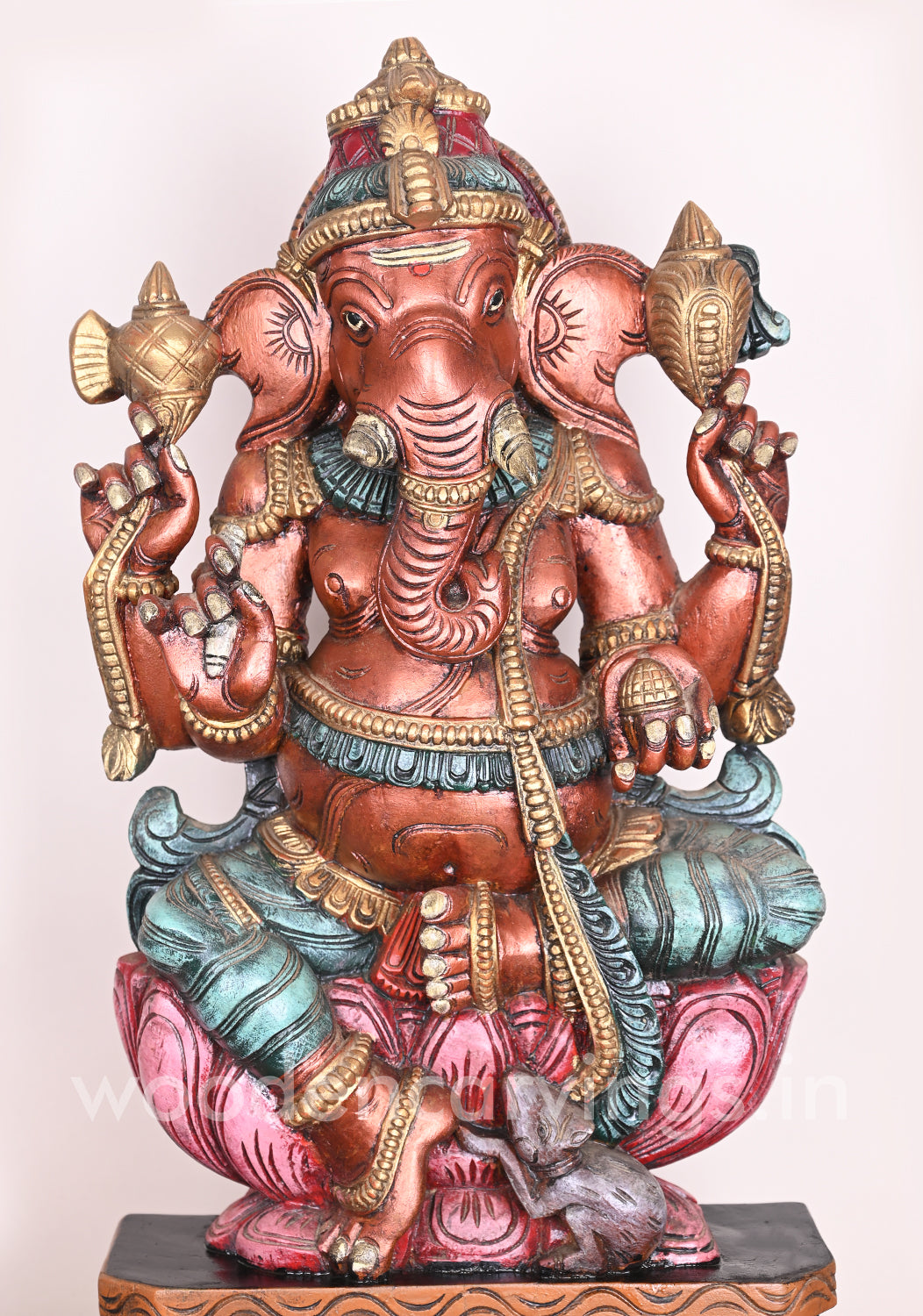 Wooden Rare Rustic Colour Lord Ganesha on Petal Lotus Showpiece Multicoloured Sculpture 31"
