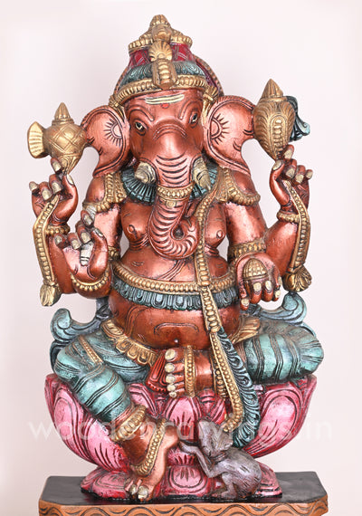 Wooden Rare Rustic Colour Lord Ganesha on Petal Lotus Showpiece Multicoloured Sculpture 31"