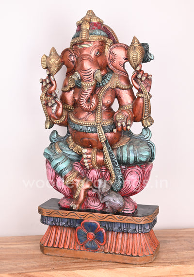 Wooden Rare Rustic Colour Lord Ganesha on Petal Lotus Showpiece Multicoloured Sculpture 31"