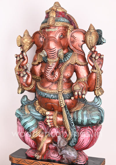 Wooden Rare Rustic Colour Lord Ganesha on Petal Lotus Showpiece Multicoloured Sculpture 31"